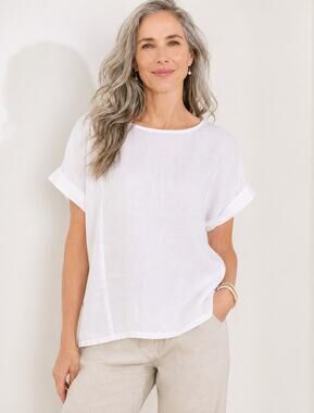 Pure Jill Crisp White 100% Linen Boatneck Blouse S Lagenlook Minimalist Coastal